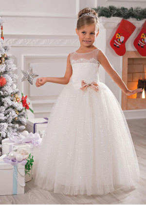 Ivory Lace Glittering Tulle Floor Length Stylish Flower Girl Dress